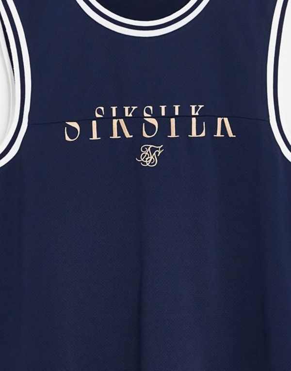 シックシルク メンズ タンクトップ トップス SikSilk division basketball jersey in navy with gold print Navy