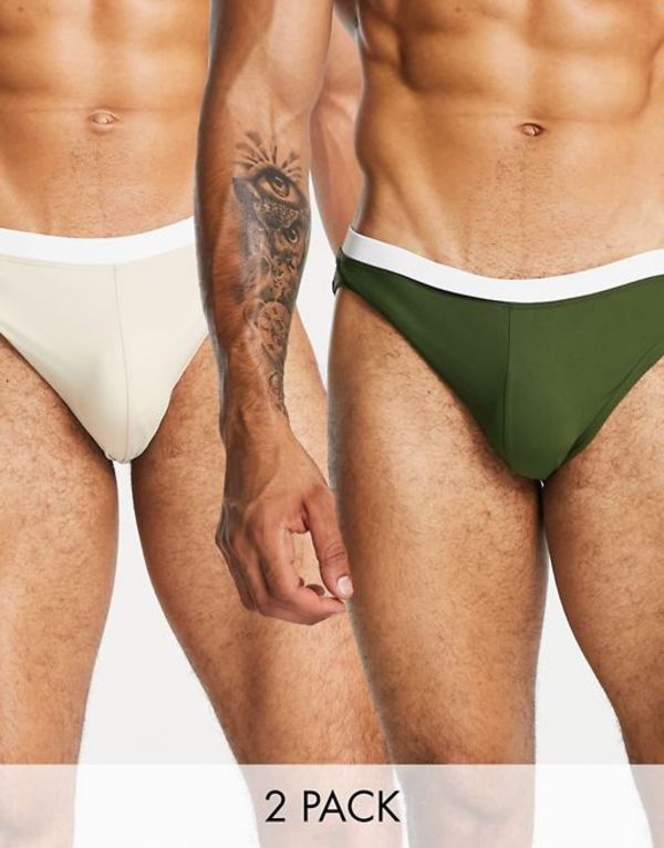 エイソス メンズ ハーフパンツ・ショーツ 水着 ASOS DESIGN swim brief multipack in dark green and beige with contrast white tipping save Rifle Green/Peyote