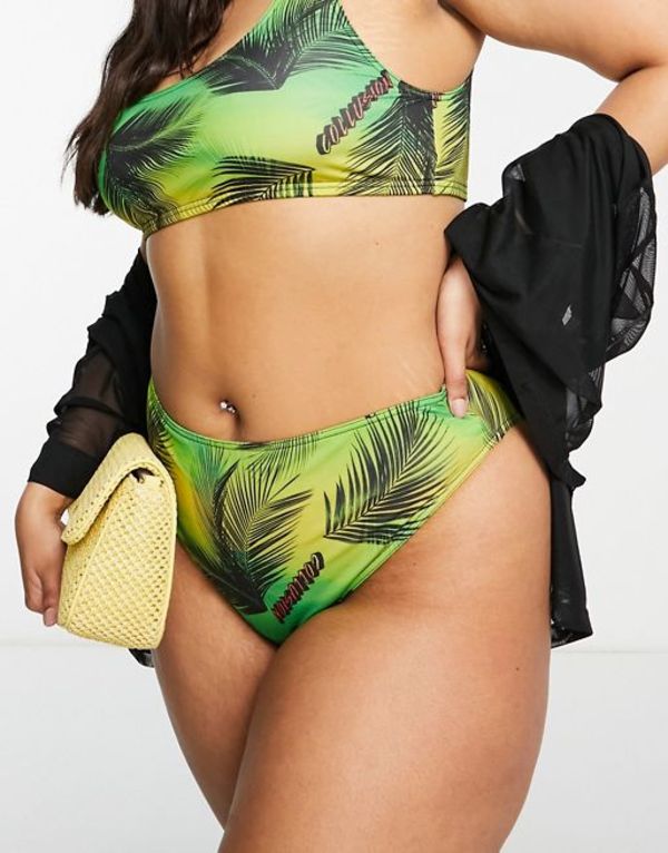 コルージョン レディース ボトムスのみ 水着 COLLUSION Plus recycled leaf print high waist high leg bikini bottom in green GREEN