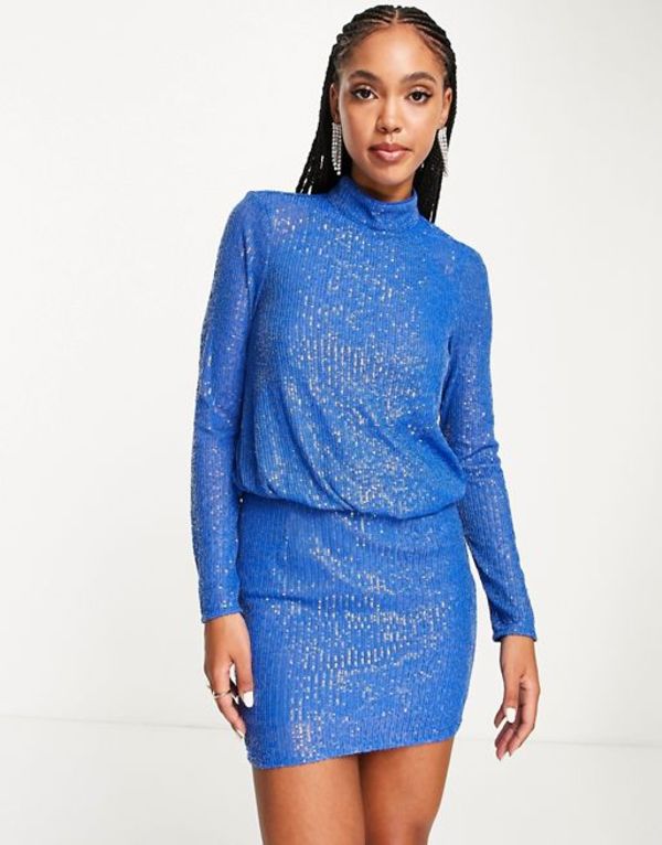 エイソス レディース ワンピース トップス ASOS DESIGN sequin embellished high neck mini dress in blue Blue