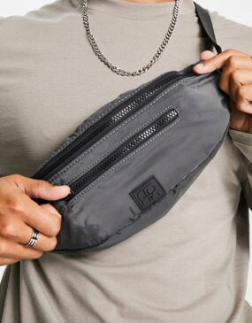 リバーアイランド メンズ ボディバッグ・ウエストポーチ バッグ River Island nylon double zip fanny pack in gray Gray