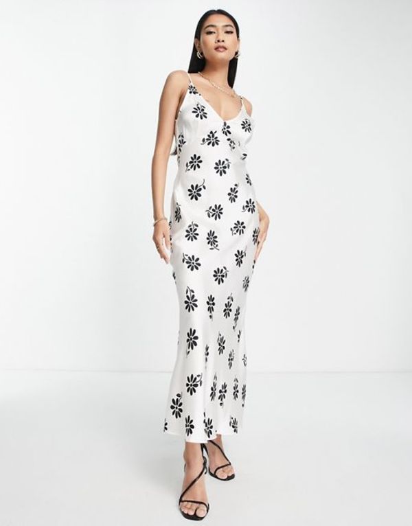 エイソス レディース ワンピース トップス ASOS DESIGN high apex maxi slip dress in hammered satin in white base black floral print White base floral