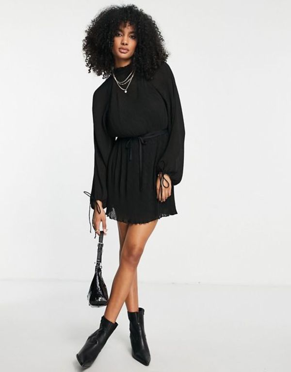 エイソス レディース ワンピース トップス ASOS DESIGN high neck plisse mini dress with blouson sleeve and tie detail Black