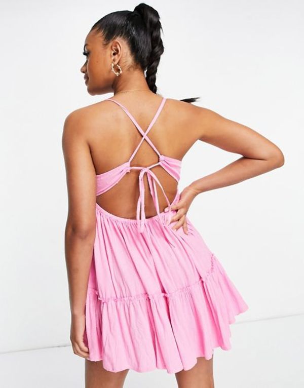 【ブランド・】 エイソス レディース ワンピース トップス ASOS DESIGN tiered skinny textured tie beach mini dress in pink Pink：ReVida 店 として