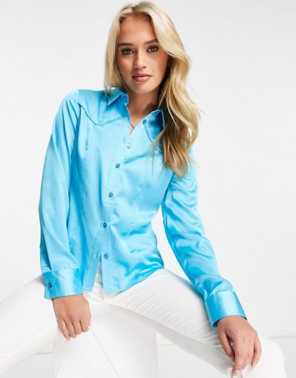 エイソス レディース シャツ トップス ASOS DESIGN slim fit satin shirt with western seaming in bright blue Bright blue
