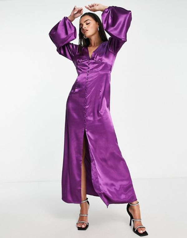 【送料無料】 ヴィラ レディース ワンピース トップス Vila satin maxi dress with button front in purple Sparkling grape