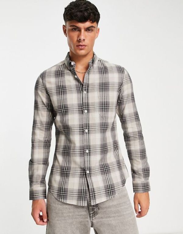 【送料無料】 エイソス メンズ シャツ トップス ASOS DESIGN stretch skinny check shirt in stone STONE