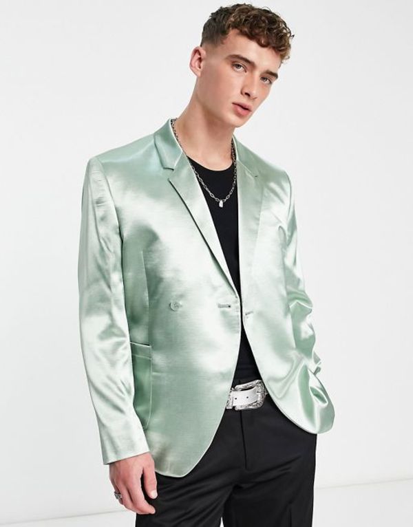 【送料無料】 エイソス メンズ ジャケット・ブルゾン アウター ASOS DESIGN slim suit jacket in sage green textured satin SAGE GREEN