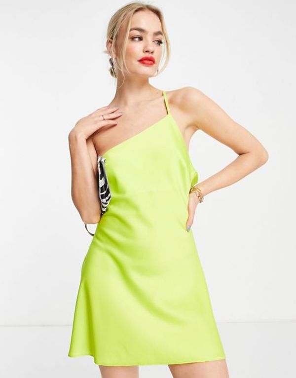 【送料無料】 エイソス レディース ワンピース トップス ASOS DESIGN Satin asymmetric neck drape back mini dress in lime Lime