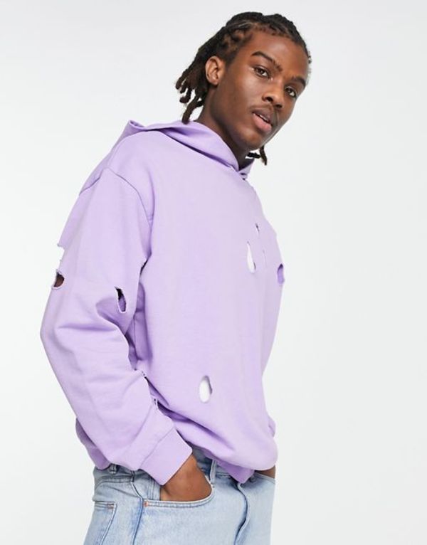 【送料無料】 エイソス メンズ パーカー・スウェット アウター ASOS DESIGN oversized hoodie with distressing in purple BOUGANVILLEA