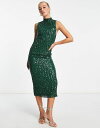 エイソス 【送料無料】 エイソス レディース ワンピース トップス ASOS DESIGN high neck embellished midi dress in plisse sequin in forest green Khaki