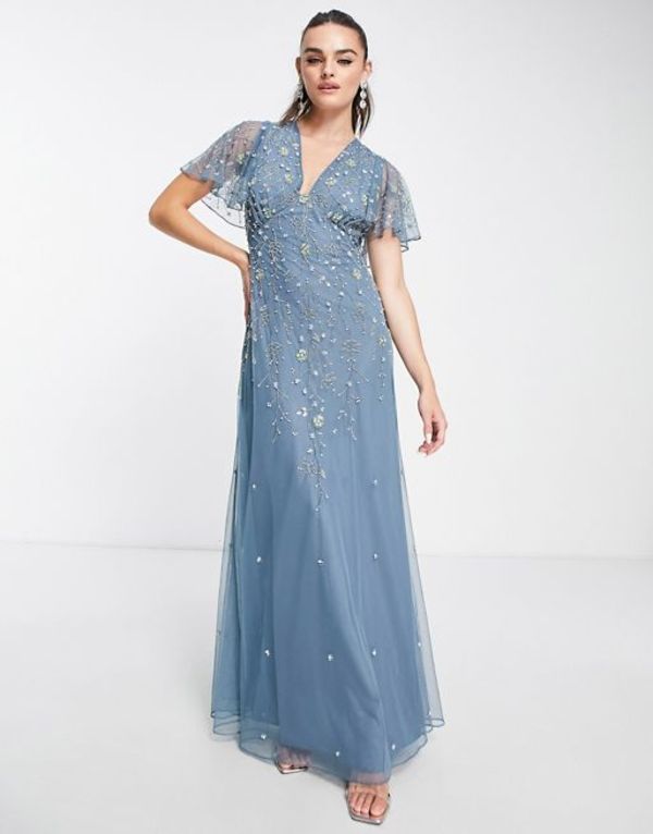 エイソス 【送料無料】 エイソス レディース ワンピース トップス ASOS DESIGN flutter sleeve maxi dress with trailing floral embellishment in blue Blue