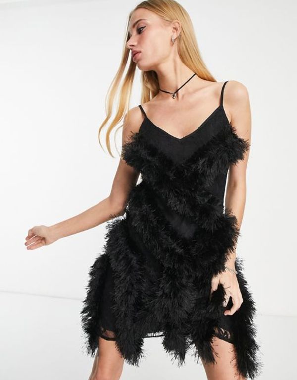 【送料無料】 エイソス レディース ワンピース トップス ASOS DESIGN fluffy floral lace mini slip dress in black Blackのサムネイル