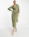 エイソス 【送料無料】 エイソス レディース ワンピース トップス ASOS DESIGN collared midi dress ruched tie waist in khaki Khaki