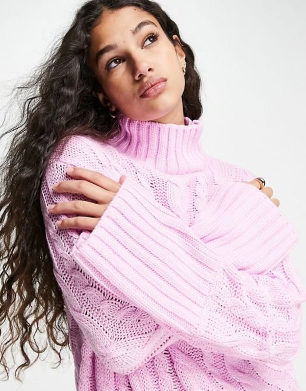 【送料無料】 エイソス レディース カーディガン アウター ASOS DESIGN high neck sweater in chunky cable knit in pink pink