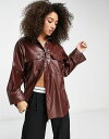 yz GC\X fB[X Vc gbvX ASOS DESIGN PU oversized shirt with wide cuff detail in chocolate brown Chocolate