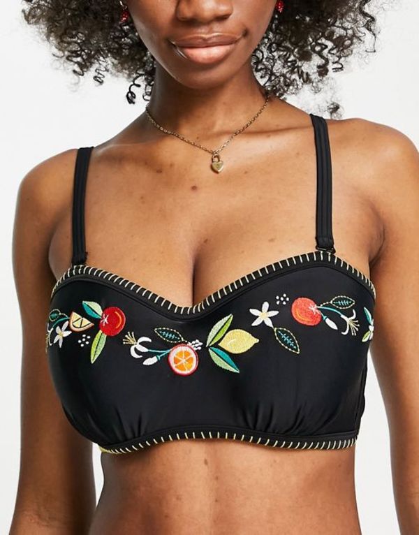 【送料無料】 フィグリーブス レディース トップのみ 水着 Figleaves Fuller Bust strapless embroidered bikini top in black Black multi