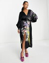 エイソス 【送料無料】 エイソス レディース ワンピース トップス ASOS EDITION v neck statement floral and phoenix dress midi dress with tie in black Black