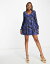 ̵  ǥ ԡ ȥåץ Monki velvet smock mini dress in blue and brown floral Blue and brown