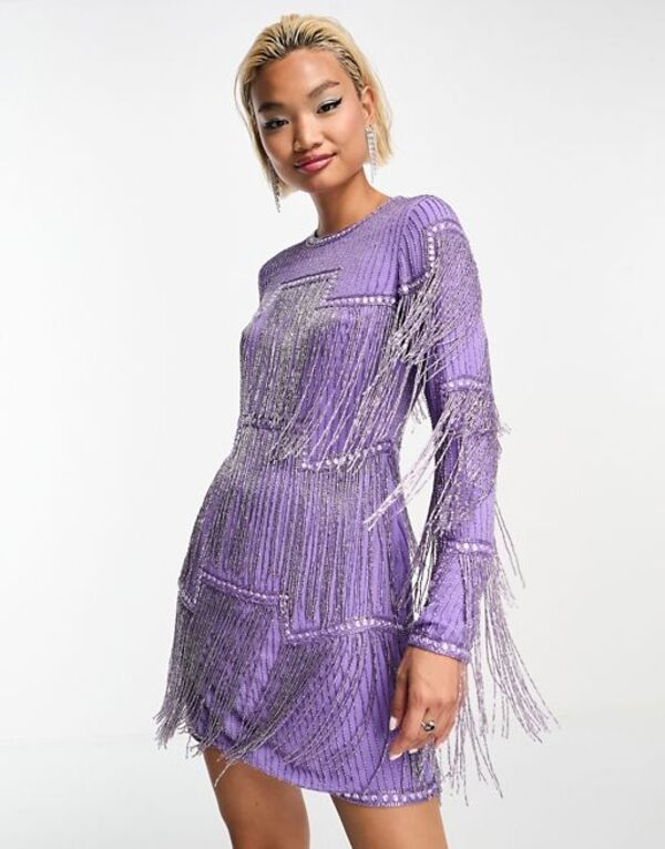 【送料無料】 エイソス レディース ワンピース トップス ASOS DESIGN embellished shift mini dress with beaded fringe in purple Purple