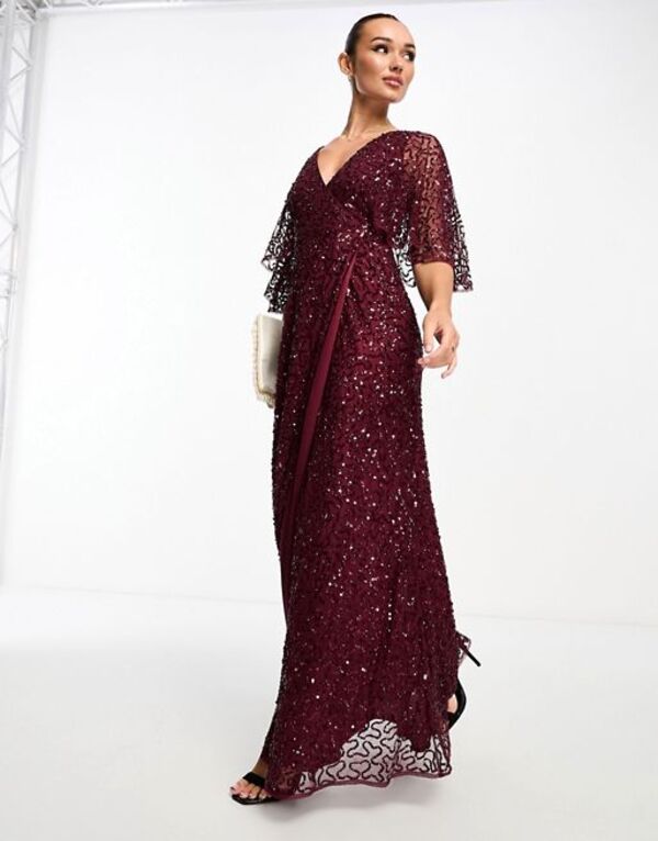 ̵ ޥ ǥ ԡ ȥåץ Maya Bridesmaid kimono sleeve maxi tulle dress with tonal delicate sequin in wine Wine