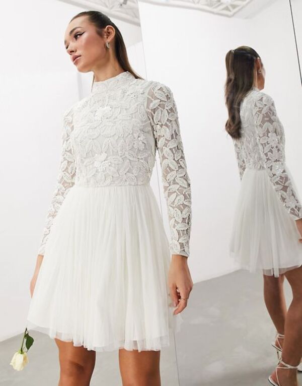 【送料無料】 エイソス レディース ワンピース トップス ASOS DESIGN Arabella embellished bodice mini wedding dress with mesh skirt White