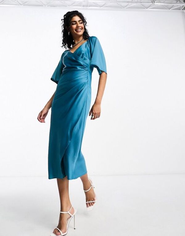 【送料無料】 ワイエーエス レディース ワンピース トップス Y.A.S Bridesmaid satin flutter sleeve midi dress in deep teal green B..