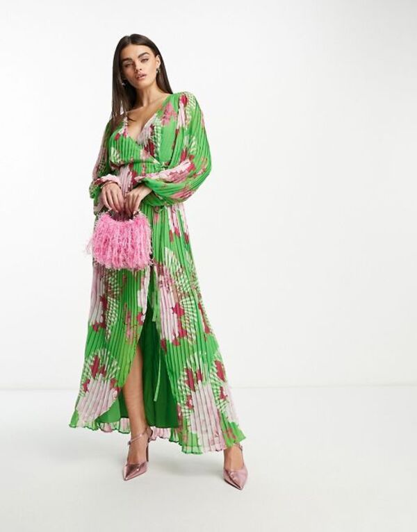 エイソス 【送料無料】 エイソス レディース ワンピース トップス ASOS DESIGN wrap maxi dress with balloon sleeves with large green floral print GREEN