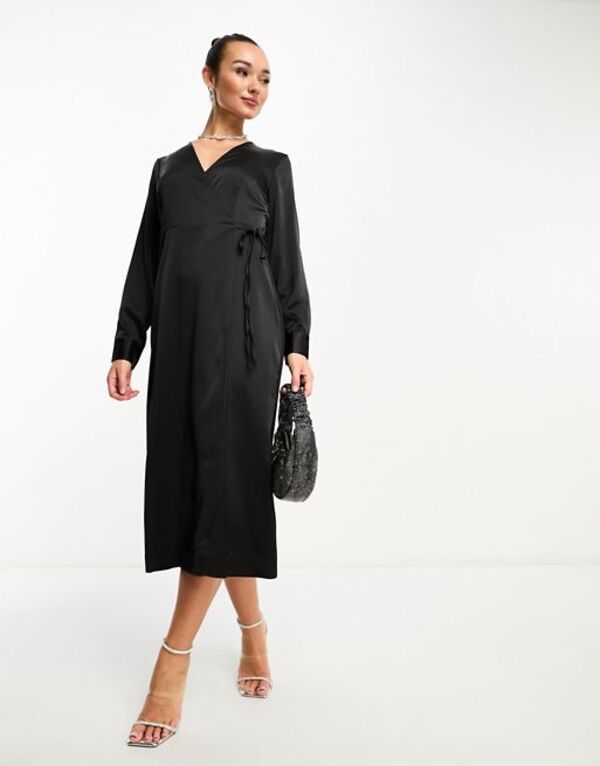 【送料無料】 ワイエーエス レディース ワンピース トップス Y.A.S satin wrap maxi dress in black Black