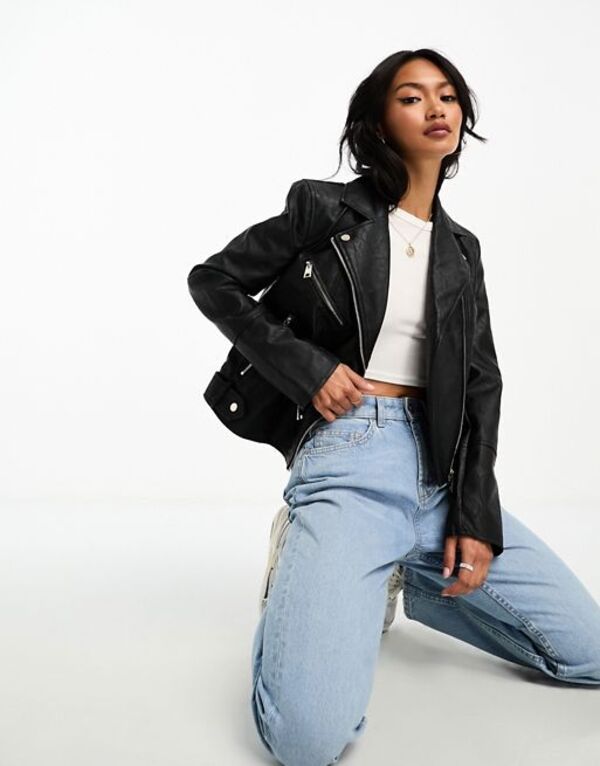 リバーアイランド 革ジャン レディース 【送料無料】 リバーアイランド レディース ジャケット・ブルゾン アウター River Island faux leather biker jacket in black Black