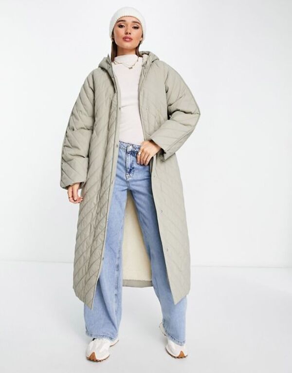 【送料無料】 エイソス レディース コート アウター ASOS DESIGN longline chevron quilted jacket with borg fleece lining in stone Stone