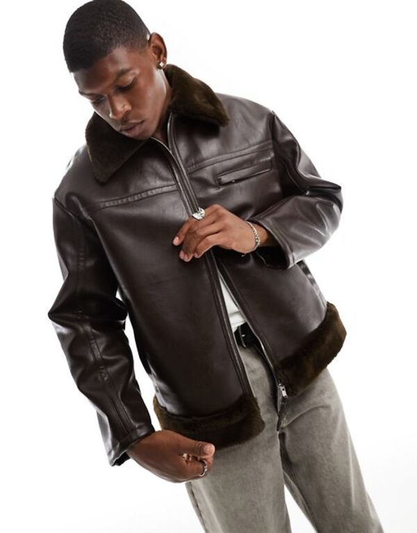 【送料無料】 エイソス メンズ ジャケット・ブルゾン アウター ASOS DESIGN oversized aviator jacket in dark brown with borg collar Brown
