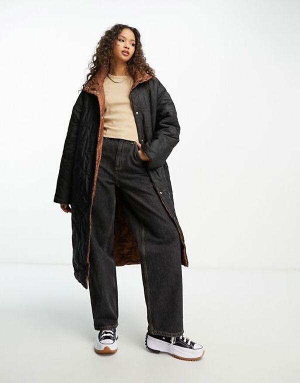 【送料無料】 ヴェロモーダ レディース コート アウター Vero Moda reversible diamond quilted funnel neck coat in black and brown Black With Brown