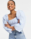 【送料無料】 フォーエバーニュー レディース シャツ トップス Ever New balloon sleeve crop top in baby blue gingham Blue / white