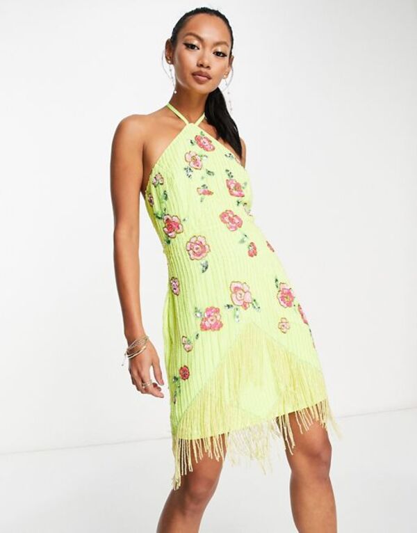  エイソス レディース ワンピース トップス ASOS DESIGN floral embellishment tassel halter neck mini dress in yellow Yellow