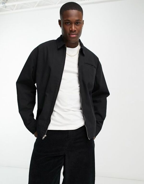 【送料無料】 エイソス メンズ ジャケット・ブルゾン アウター ASOS DESIGN washed harrington jacket with cord collar in black Black