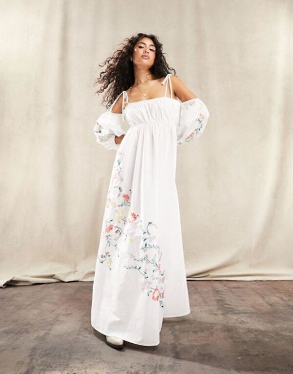  エイソス レディース ワンピース トップス ASOS DESIGN embroidered off shoulder cotton maxi dress with ruched bust detail in white WHITE