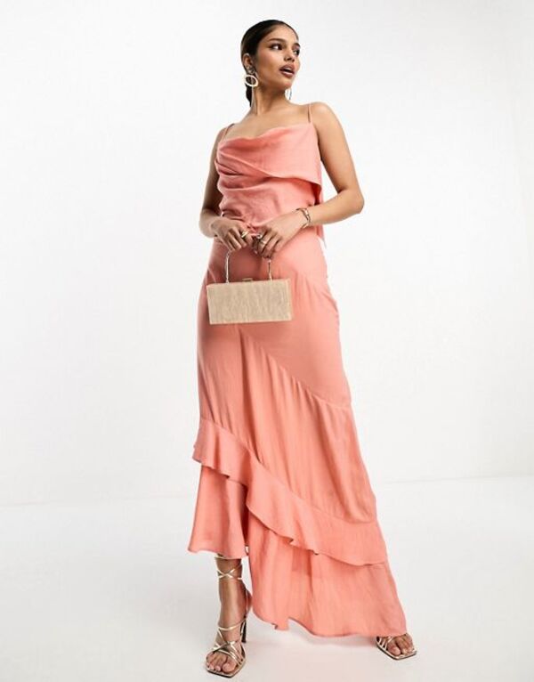 【送料無料】 エイソス レディース ワンピース トップス ASOS DESIGN satin asymmetric hem slip dress with tendril bodice detail in soft pink Soft pink