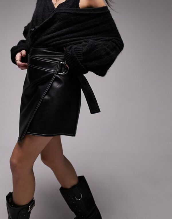 トップショップ 【送料無料】 トップショップ レディース スカート ボトムス Topshop leather look belt wrap stitch detail mini skirt in black Black