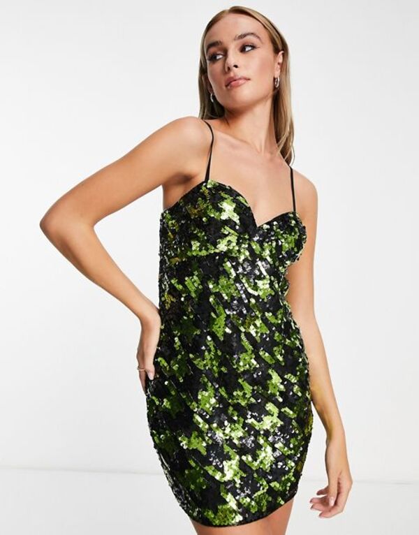 【送料無料】 ミスセルフフリッジ レディース ワンピース トップス Miss Selfridge Premium festival sequin dogtooth mini dress in black and green Multi