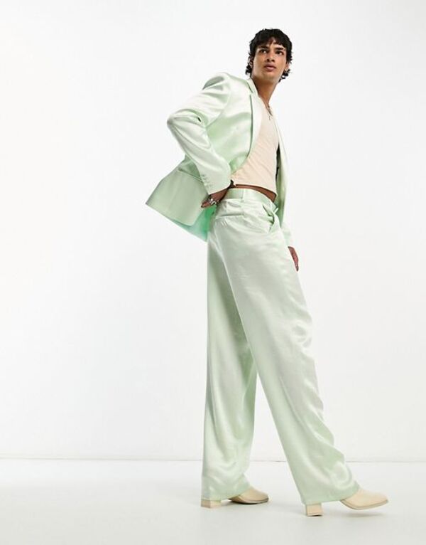 【送料無料】 エイソス メンズ カジュアルパンツ ボトムス ASOS DESIGN wide leg suit pants in green satin MID GREEN