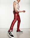 エイソス 【送料無料】 エイソス メンズ デニムパンツ ジーンズ ボトムス ASOS DESIGN skinny jean with split hem and snaps detail in red leather look RED