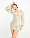 【送料無料】 レア レディース ワンピース トップス Rare London summer sequin sweetheart balloon sleeve mini dress in light champagne Champagne