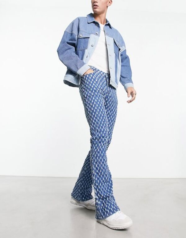 エイソス 【送料無料】 エイソス メンズ デニムパンツ ジーンズ ボトムス ASOS DESIGN stretch flare jeans with all over distressing in blue Blue