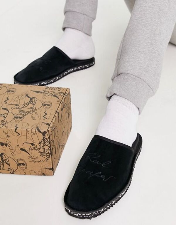 【送料無料】 カール ラガーフェルド メンズ サンダル シューズ Karl Lagerfeld velvet slipper mules with embroidered logo in black Black