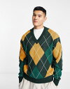  ジャック アンド ジョーンズ メンズ ニット・セーター アウター Jack & Jones oversized jacquard argyle V-neck sweater in green & beige Ponderosa pine