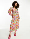  ヴィラ レディース ワンピース トップス Vila balloon sleeve midi dress with frill waist in bright bold floral Floral