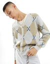 エイソス 【送料無料】 エイソス メンズ カーディガン アウター ASOS DESIGN oversized knitted cardigan in stone tile print BEIGE