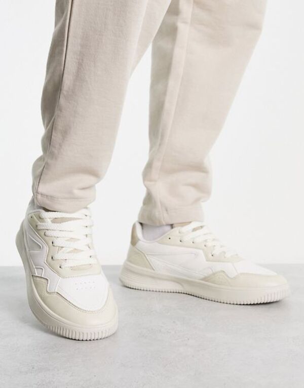【送料無料】 エイソス メンズ スニーカー シューズ ASOS DESIGN faux leather sneakers in white and stone mix STONE