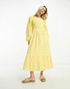 yz L fB[X s[X gbvX Monki long sleeve midi dress with ruffled hem in yellow gingham Yellow